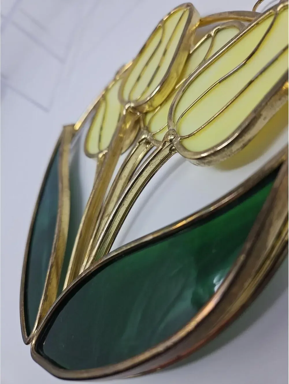 Vintage Yellow Tulip Suncatcher Faux Stained Glass Window Hanging Art